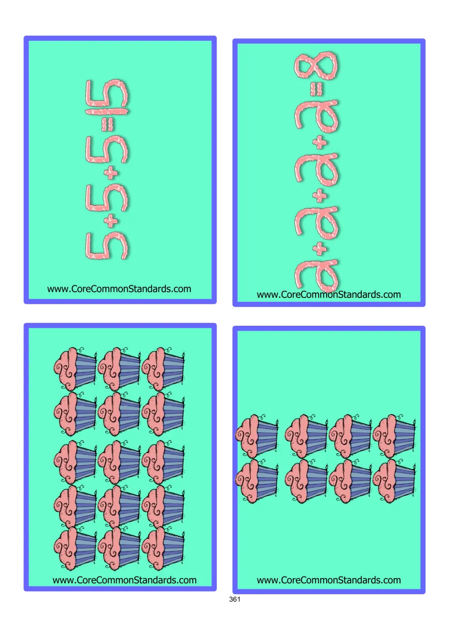 Array matching cards 13–16: cupcake arrays of 15 and 8, with equations 5 + 5 + 5 = 15 and 2 + 2 + 2 + 2 = 8