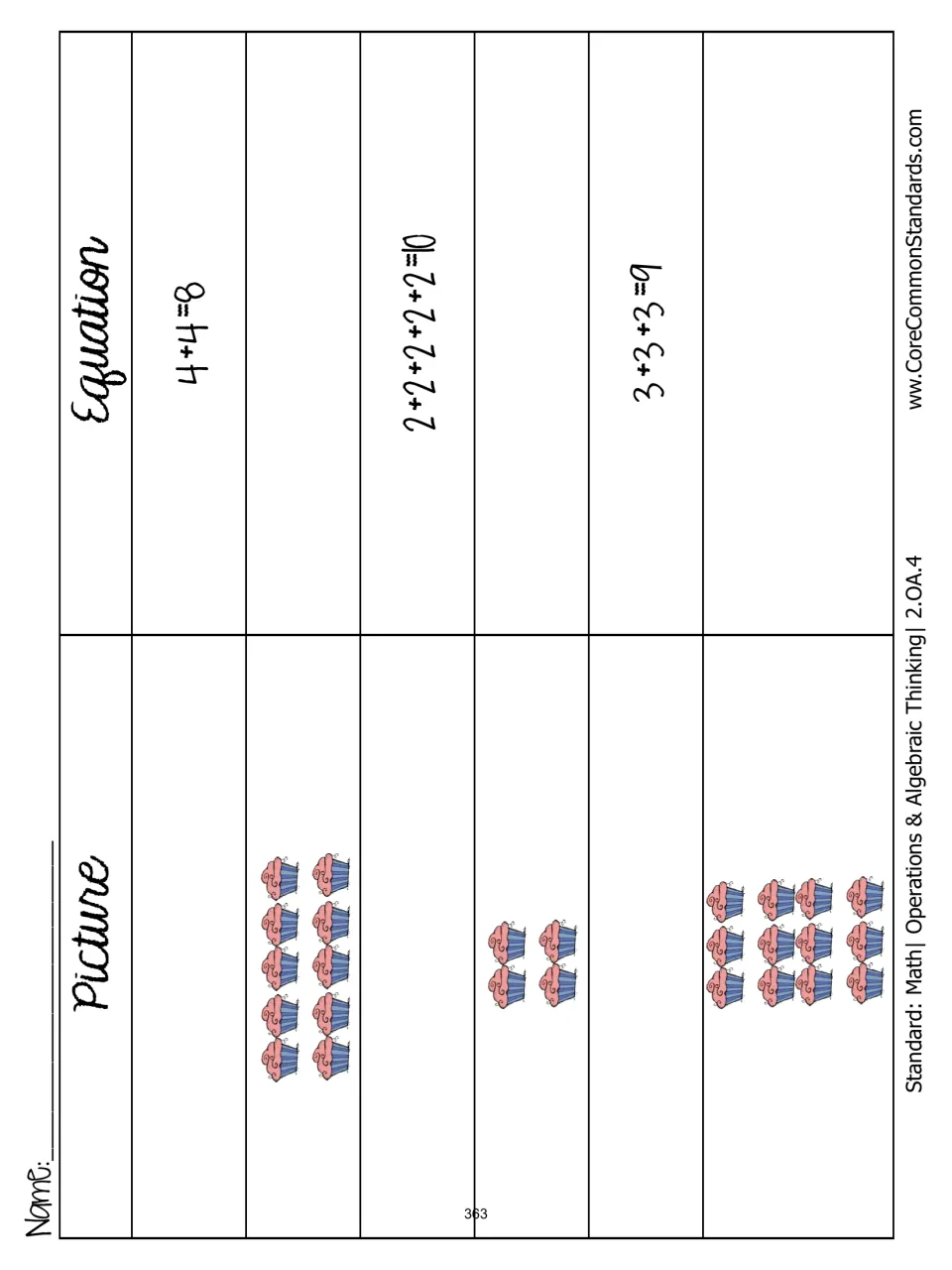 Picture-and-equation practice sheet: complete six pairs using cupcake arrays and repeated addition equations