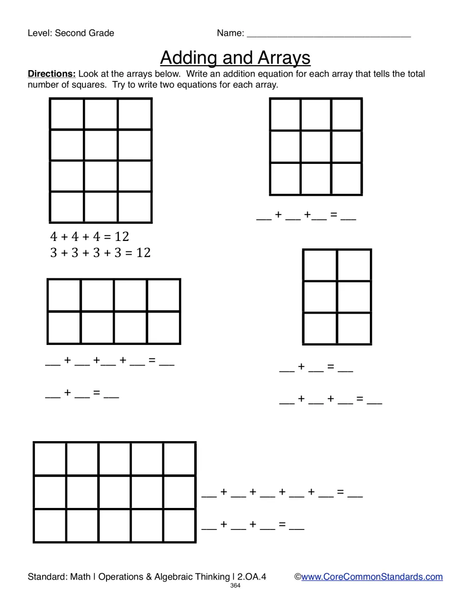 Adding and Arrays practice: a worked example totals 12 squares, followed by arrays totaling 9, 8, 6, and 15