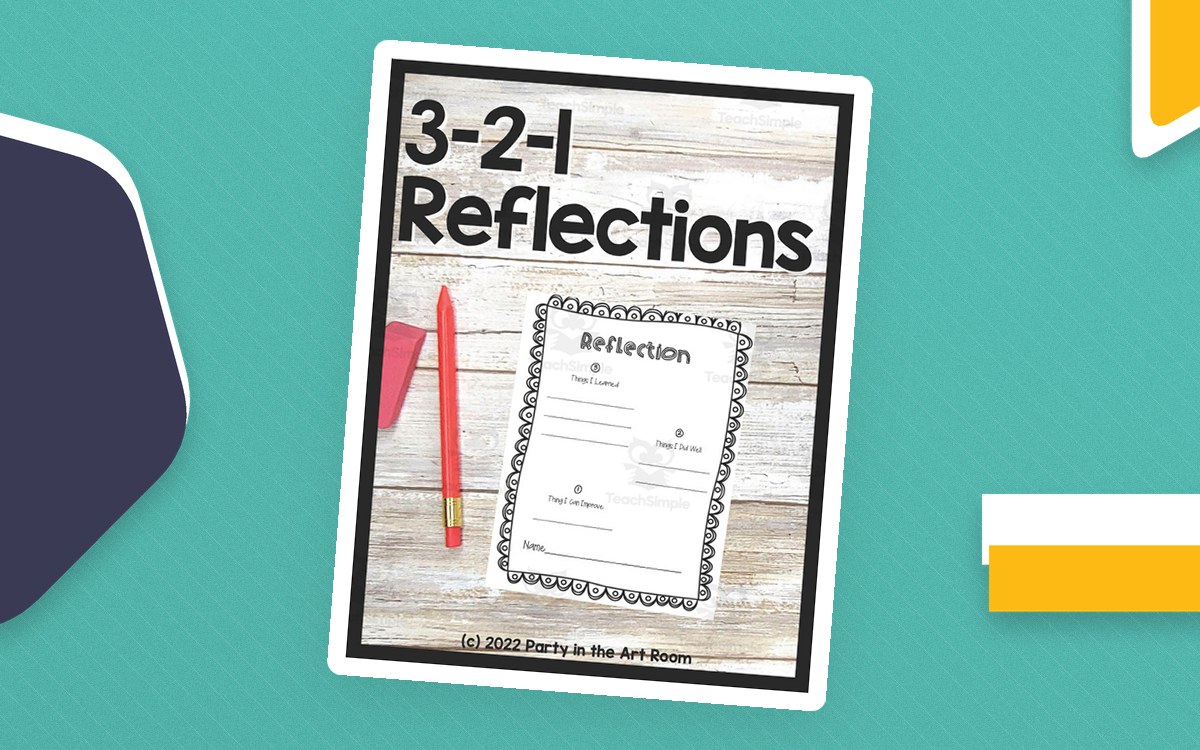 3-2-1 Reflections cover showing a reflection worksheet and red pencil on a white wood desk.