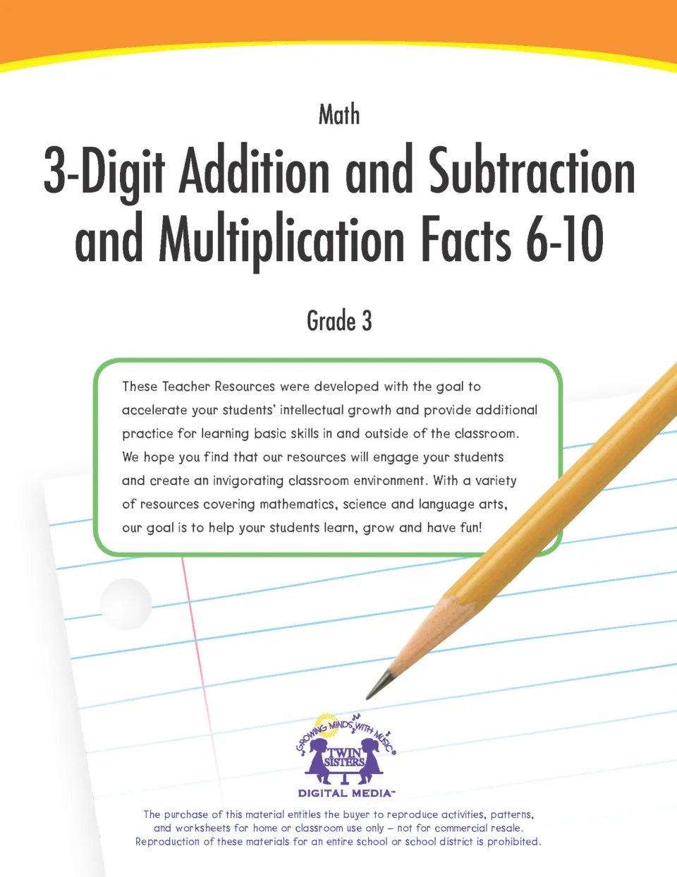 Cover of 3-Digit Addition and Subtraction and Multiplication Facts 6-10, Grade 3 math, with a pencil on notebook paper