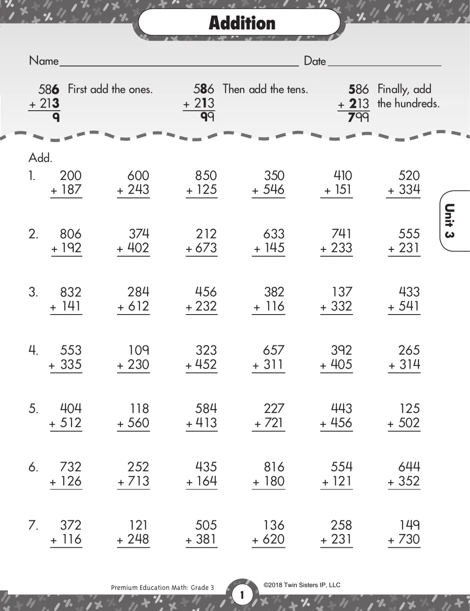 3-digit addition without regrouping: a 586 + 213 model adds ones, tens, then hundreds before 42 practice sums