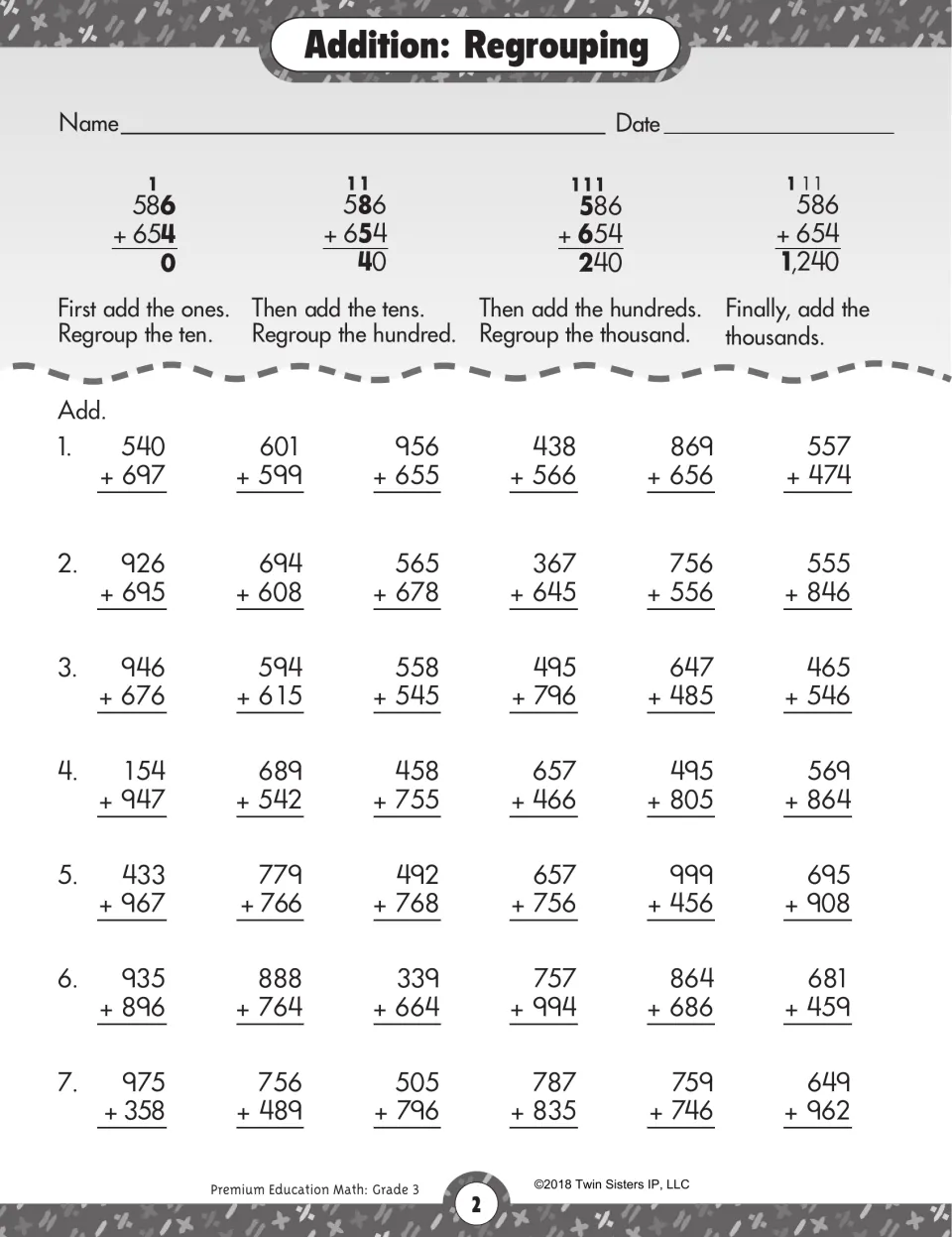 Addition with regrouping: a 586 + 654 = 1,240 model shows carrying at each place, then students solve 42 sums