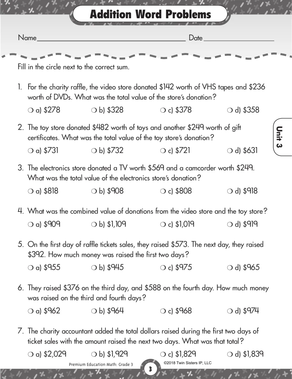 Addition word problems about charity raffle donations and ticket sales; students fill in the circle for the correct sum