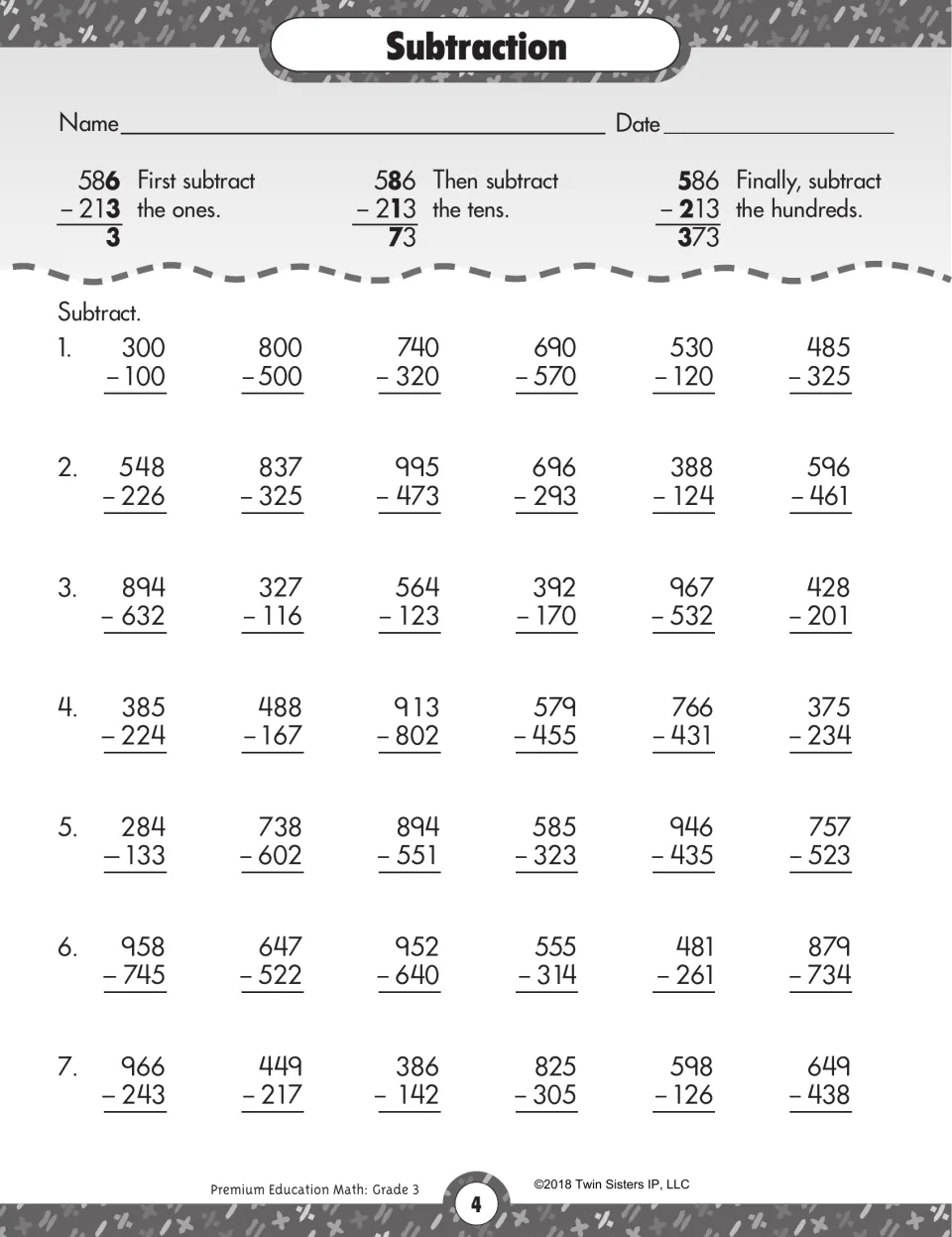 3-digit subtraction without regrouping: a 586 - 213 model subtracts ones, tens, then hundreds before 42 practice items