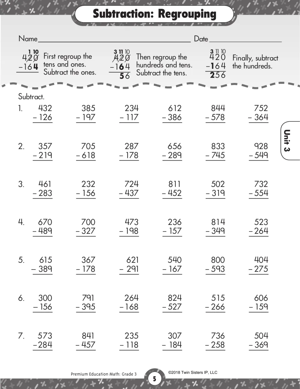 Subtraction with regrouping: a 420 - 164 = 256 model shows borrowing across tens and hundreds, then 42 problems