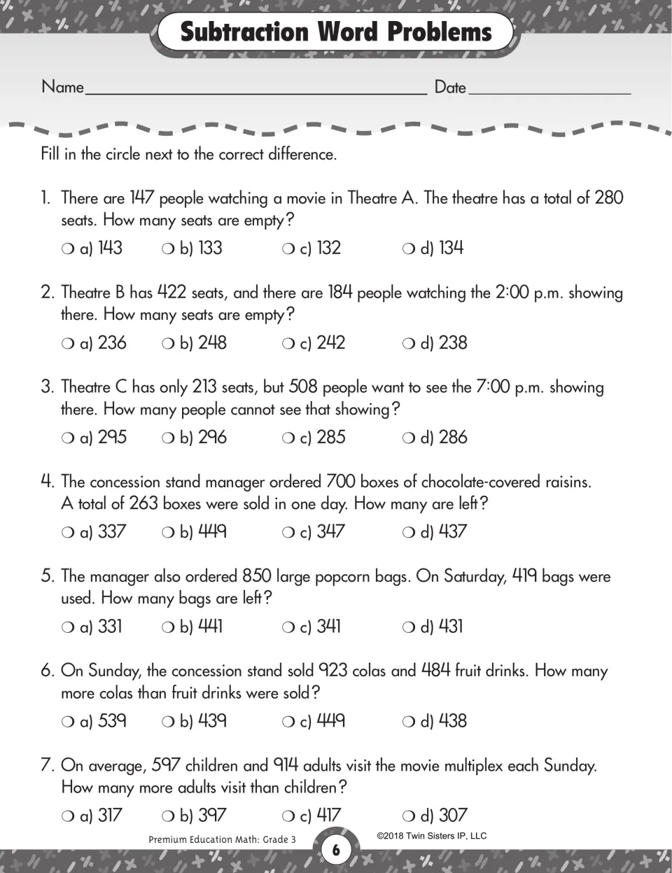 Subtraction word problems set at a movie theatre and concession stand; students fill in the circle for each difference