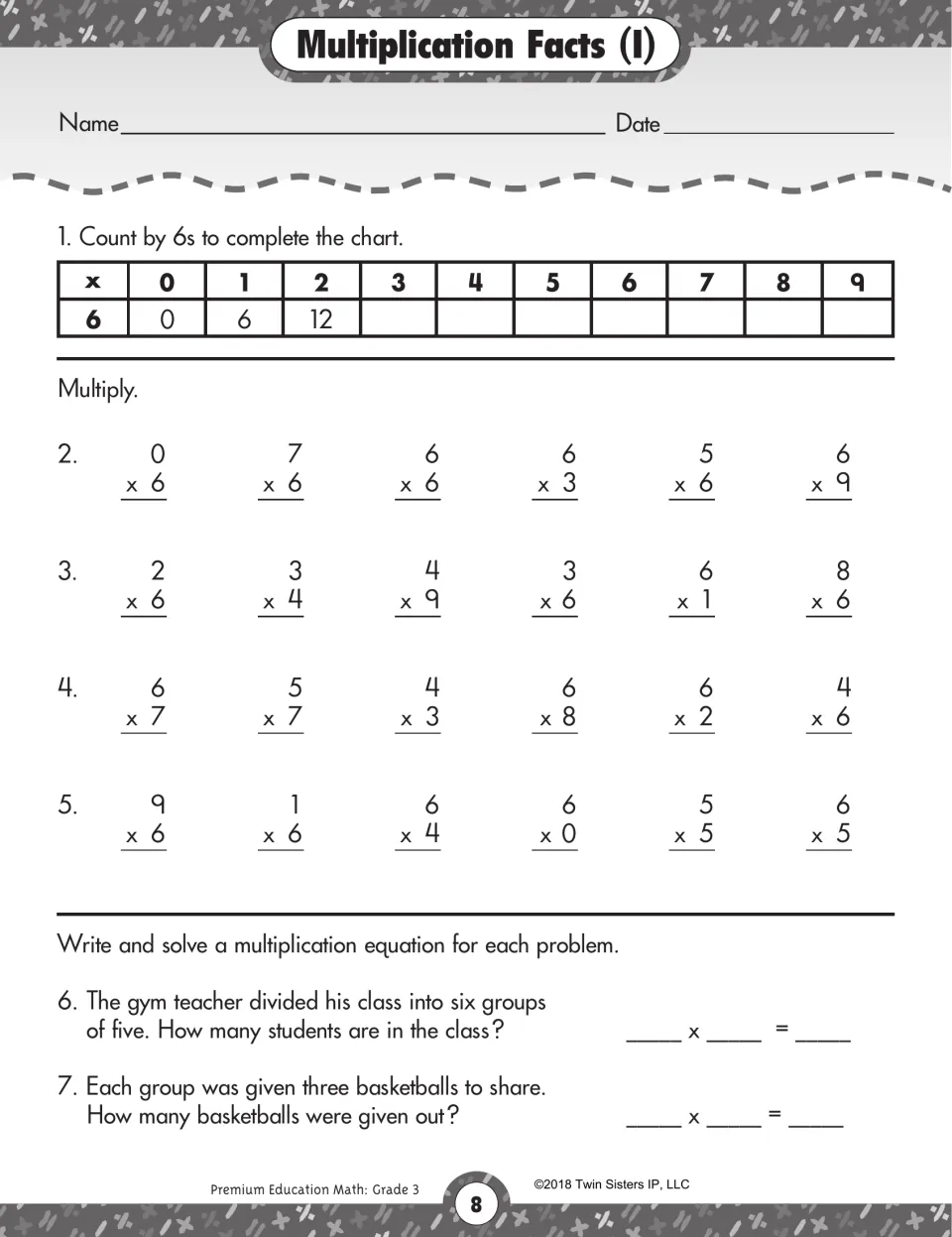 Multiplication Facts (I): students count by 6s to fill a chart, multiply 24 facts, then solve 2 gym class word problems