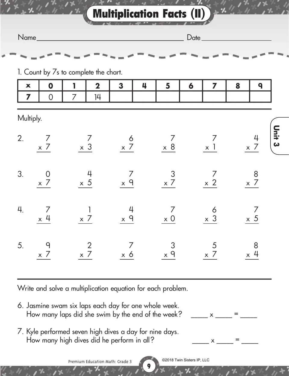 Multiplication Facts (II): students skip count by 7s in a chart, solve 24 facts, and write equations for 2 word problems