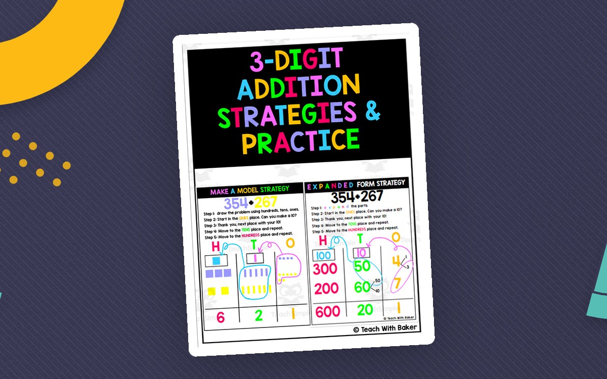 3-Digit Addition with Regrouping – Math Chart preview: Eleven-page strategy-and-practice set