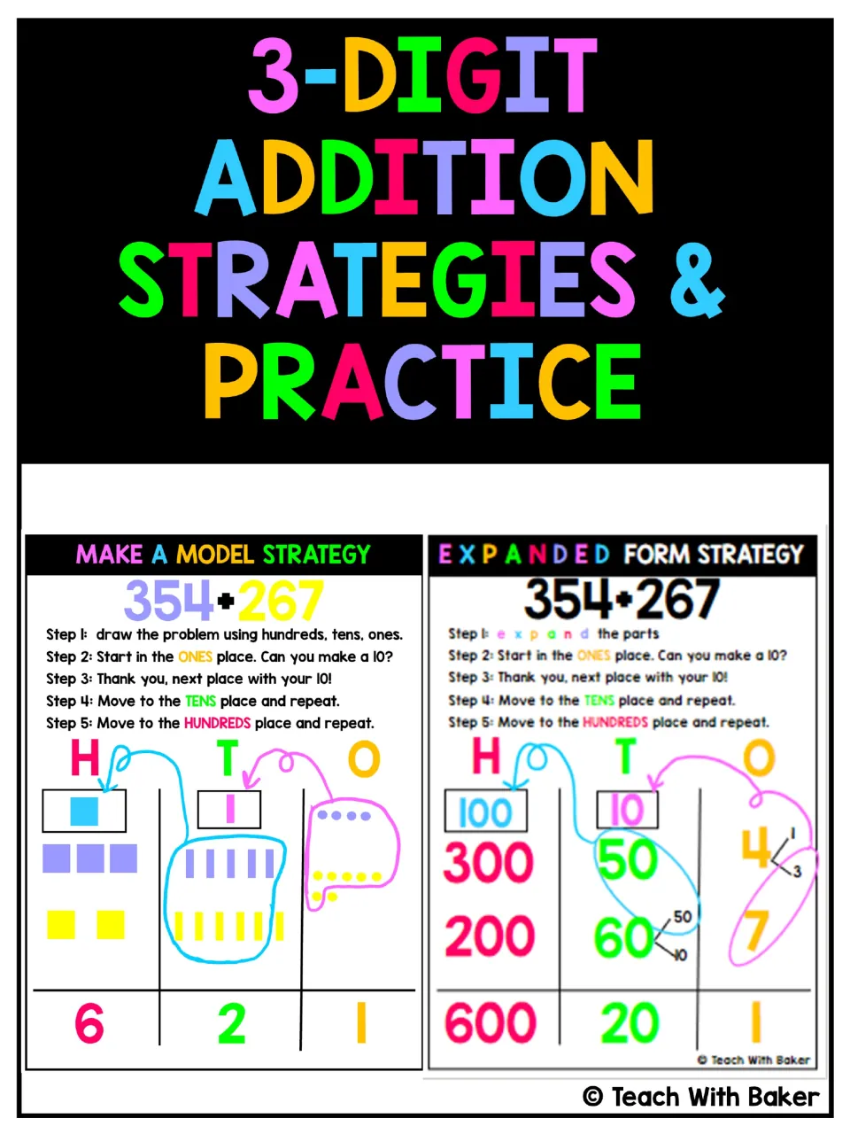 3-Digit Addition Strategies & Practice cover showing make a model and expanded form charts solving 354 + 267 = 621