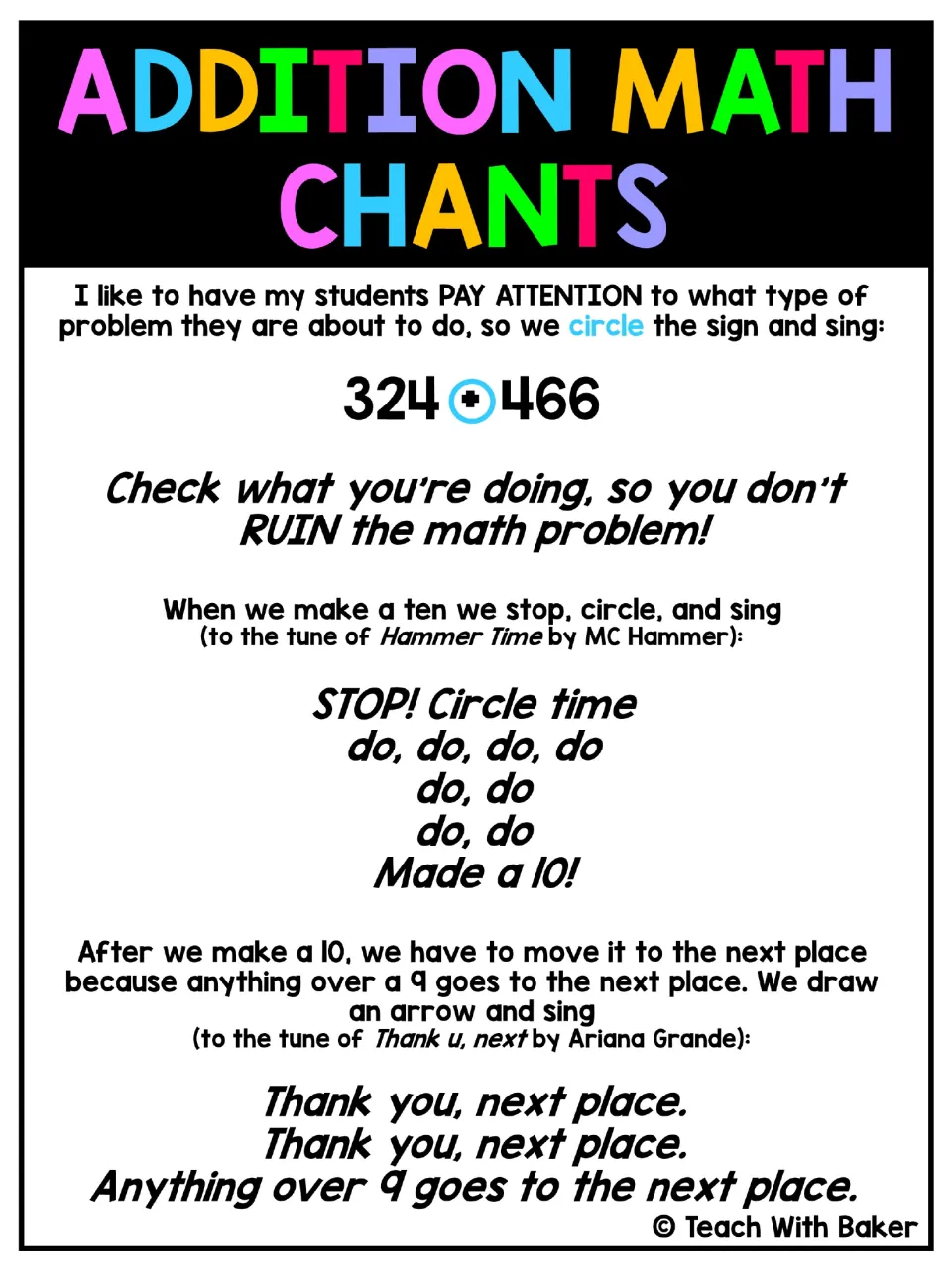 Addition math chants: circle the sign, sing 'Stop! Circle time' when making a 10 and 'Thank you, next place' to regroup