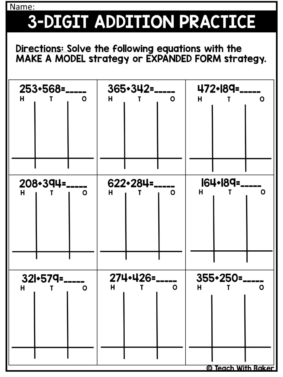 Addition practice set 1: students solve 9 sums such as 253 + 568 and 472 + 189 by modeling or expanded form in H-T-O charts