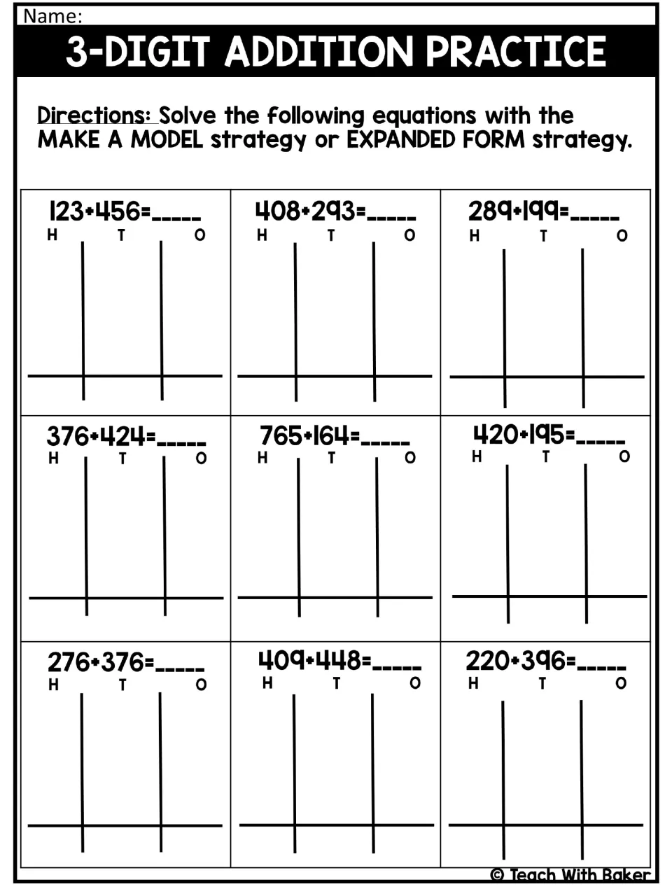 Addition practice set 2: nine more sums like 123 + 456, 289 + 199 and 409 + 448 solved with a model or expanded form