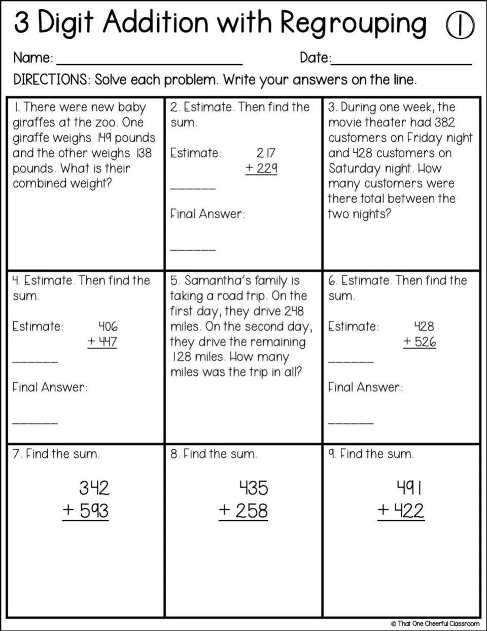 Regrouping sheet 1: students solve 9 three-digit sums, from giraffe weights and movie customers to estimate-first problems