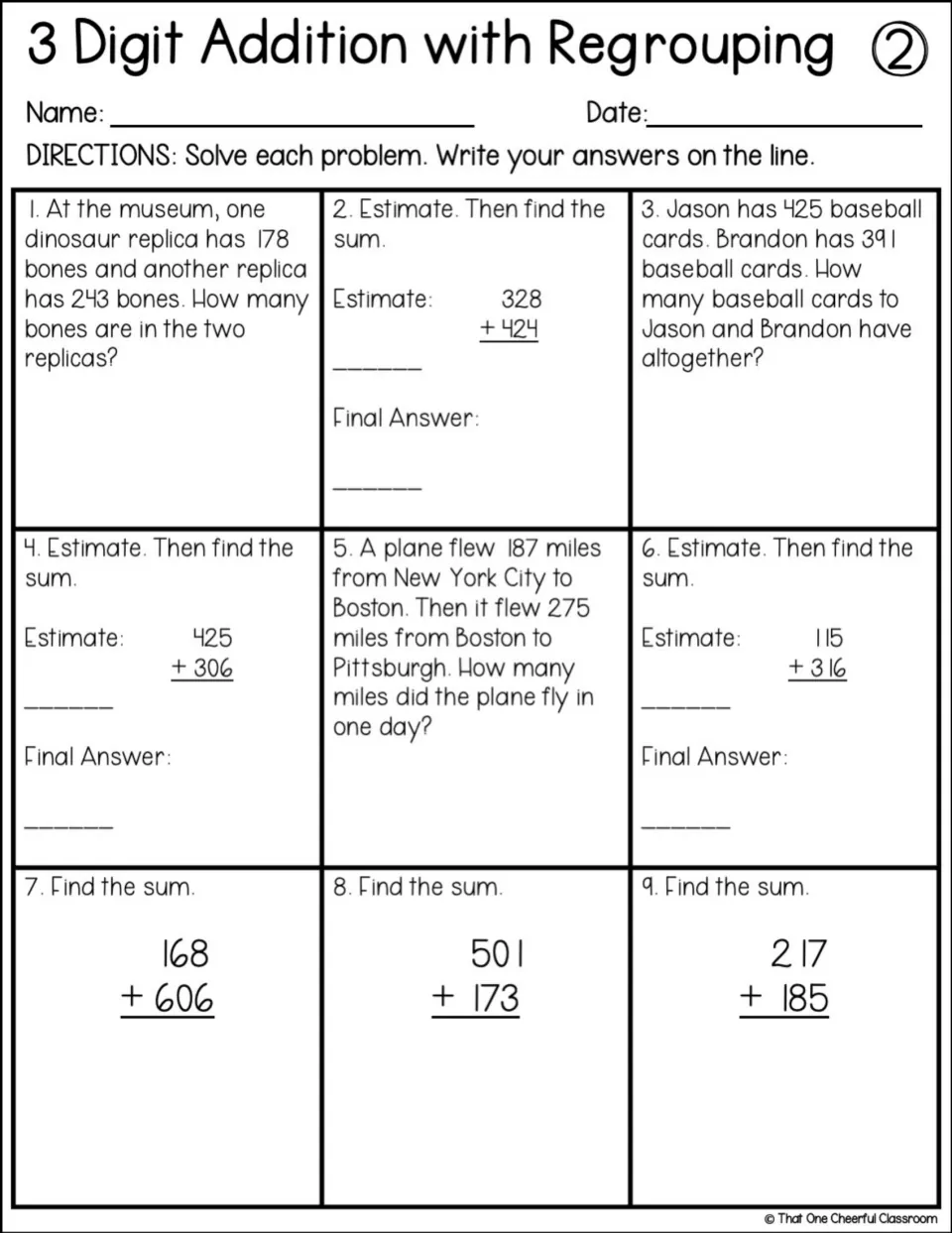 Sheet 2 on adding 3-digit numbers: dinosaur bones, baseball cards and plane miles word problems plus estimate-then-add sums
