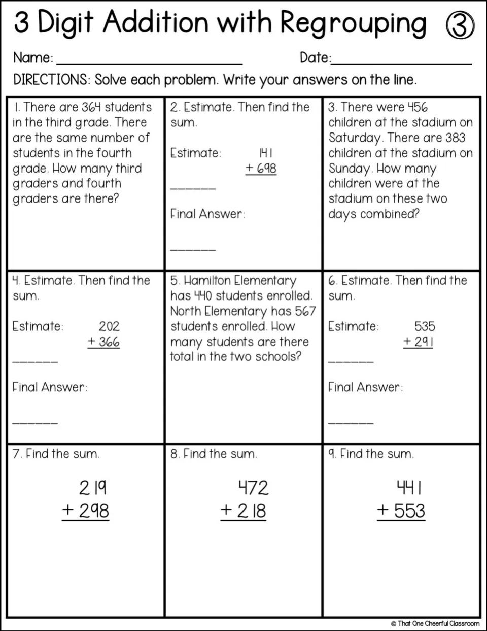 Sheet 3, carrying in 3-digit addition: students total school enrollments and stadium crowds, estimate, then find 9 sums