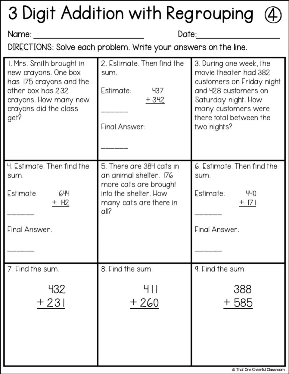 Sheet 4 of three-digit sums with regrouping: crayon boxes and shelter cats word problems, estimates and 432+231 style items