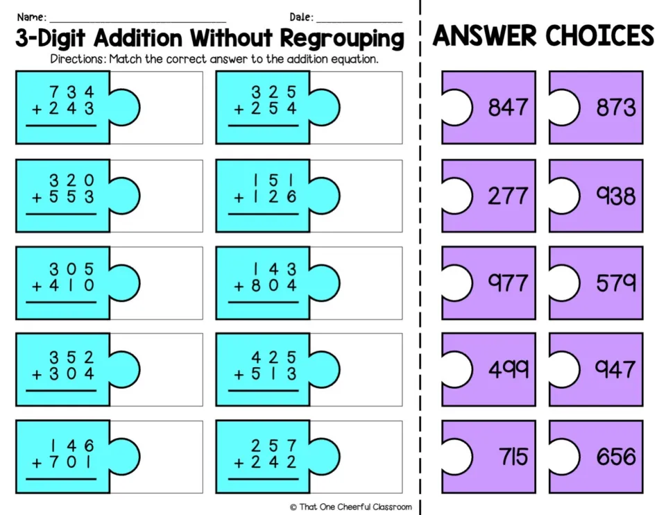 Color addition matching worksheet: 10 problems without regrouping, including 734 + 243 and 325 + 254.