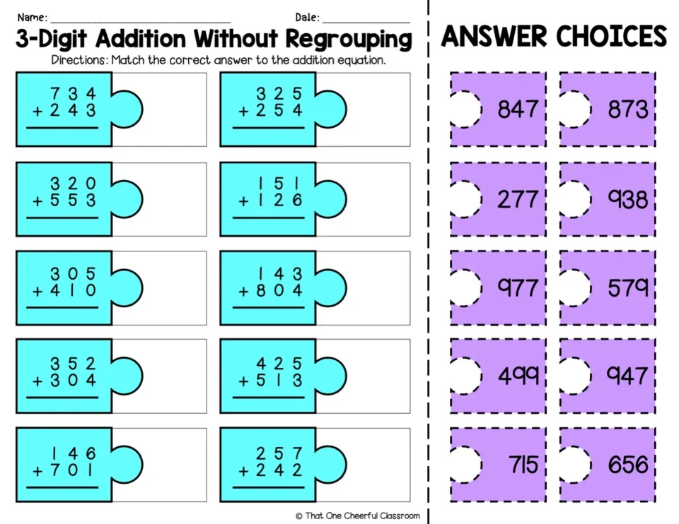 Alternate color addition matching worksheet: the same 10 problems, including 320 + 553 and 151 + 126.