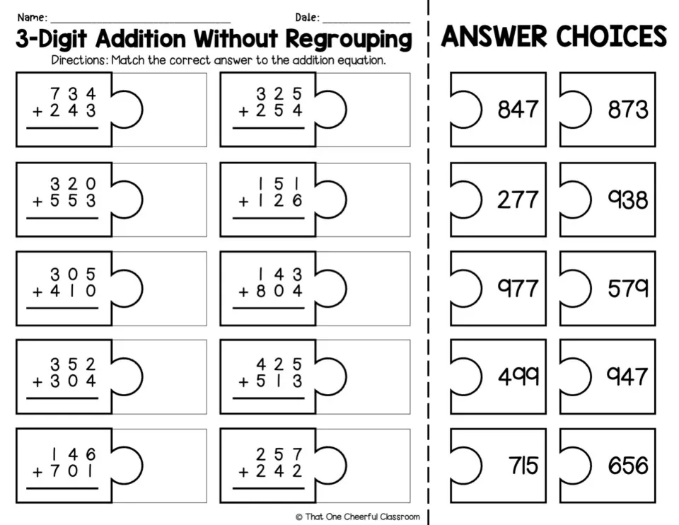 Black-and-white addition matching worksheet: 10 problems without regrouping, including 305 + 410 and 143 + 804.