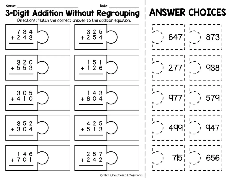 Alternate black-and-white addition matching worksheet: the same 10 problems, including 352 + 304 and 425 + 513.