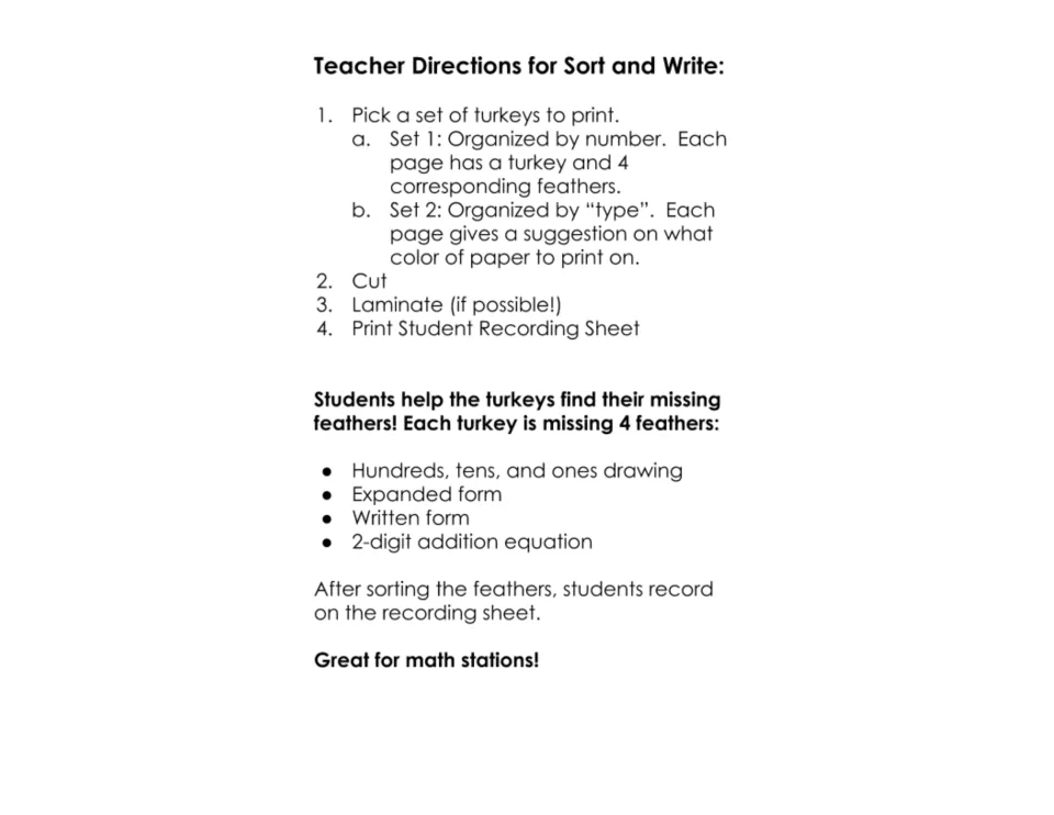 Teacher directions for printing two turkey sets, cutting four feather types, sorting, and recording answers