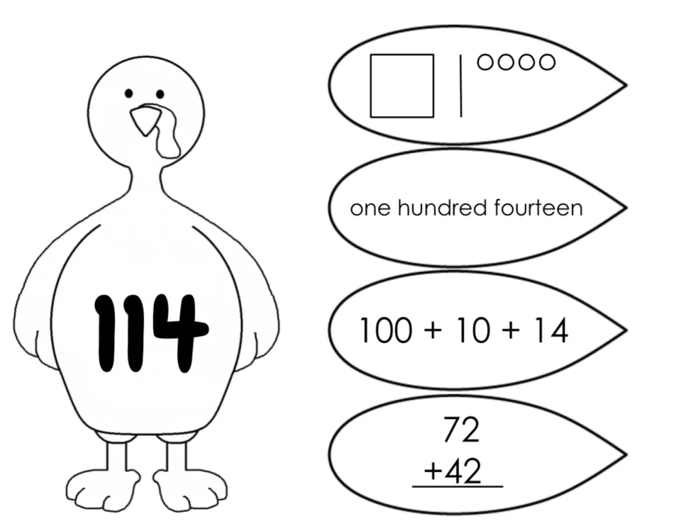 Turkey 114 sorting sheet: place-value drawing, one hundred fourteen, printed 100 + 10 + 14, and 72 + 42