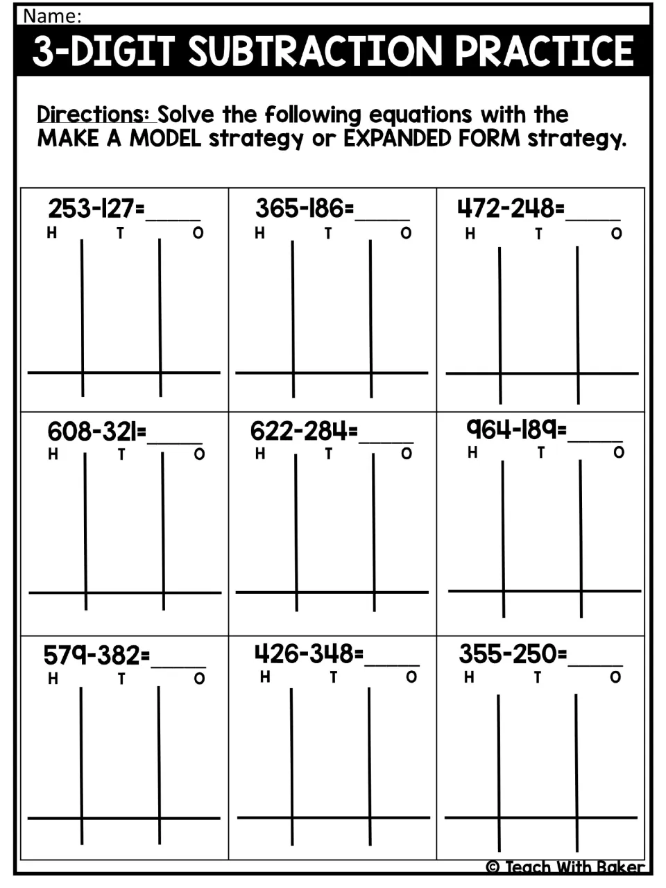 3-digit subtraction practice: students solve 9 problems such as 253-127 and 964-189 using a model or expanded form