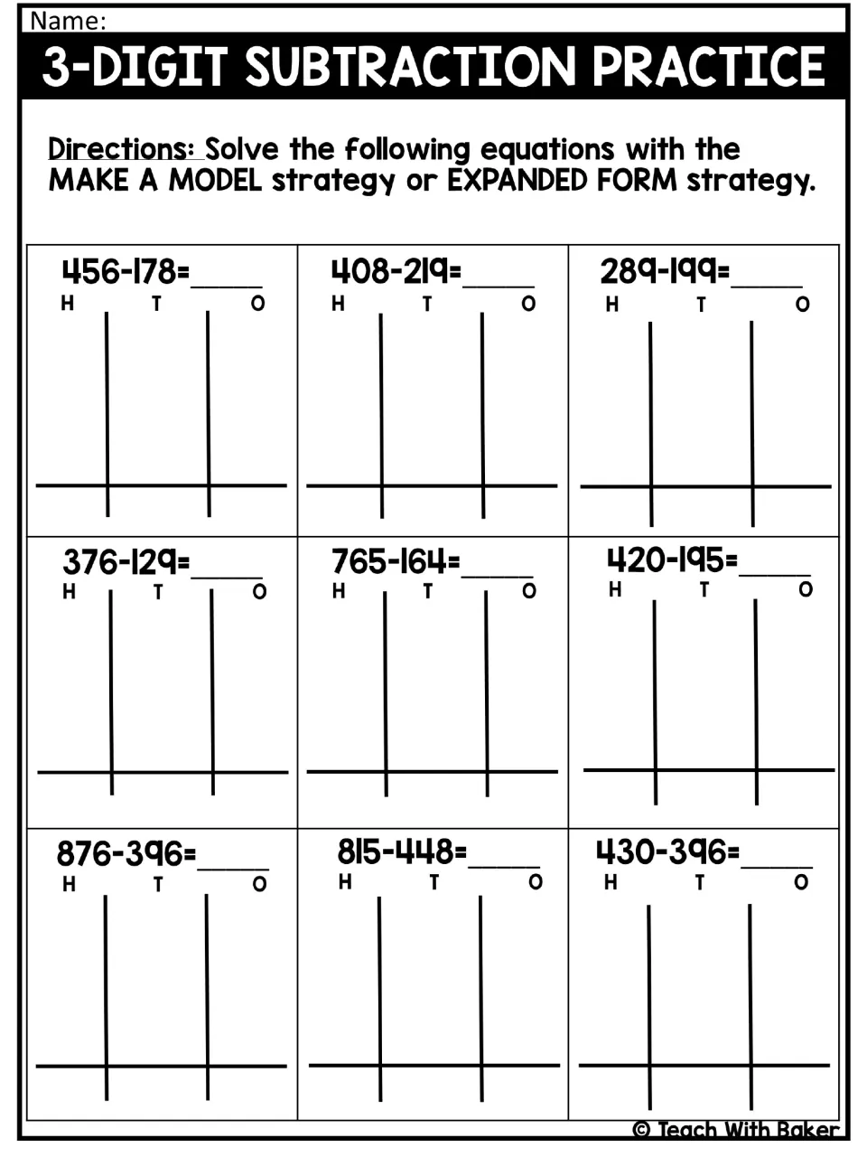 Subtraction practice set 2: students solve 9 problems such as 456-178 and 430-396 in hundreds, tens and ones charts