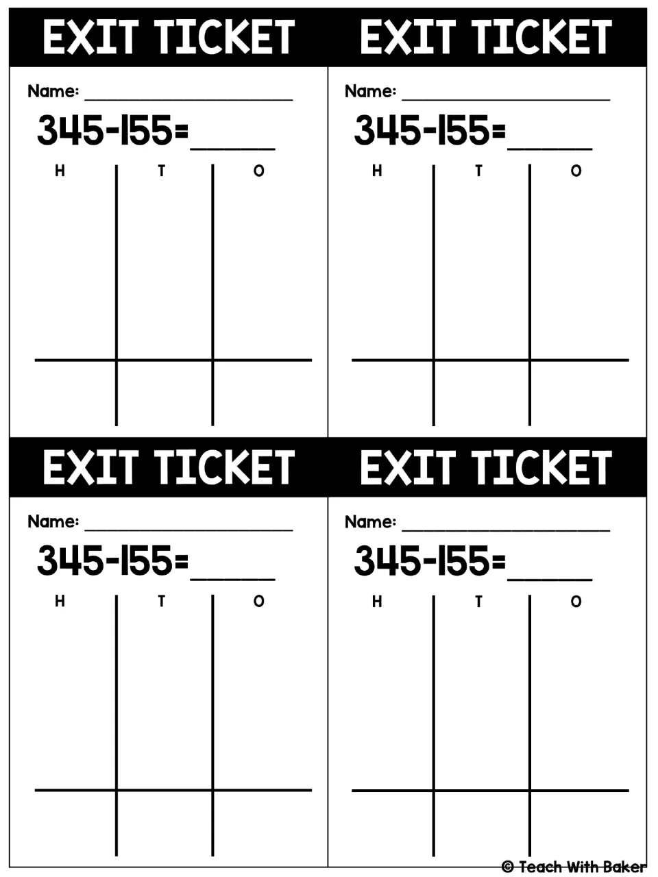 Exit ticket: students solve 345-155 with regrouping in a place-value chart; four copies per page to cut apart