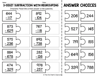 3-Digit Subtraction with Regrouping – Match Worksheet – sample page 2