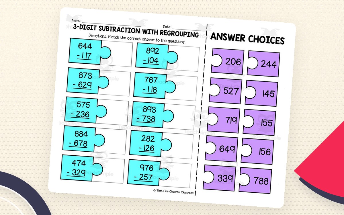 3-Digit Subtraction with Regrouping – Match Worksheet teaching resource preview