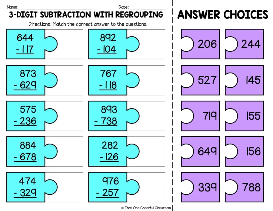 3-digit subtraction with regrouping: students match 10 problems such as 644 - 117 to purple puzzle-piece answer choices