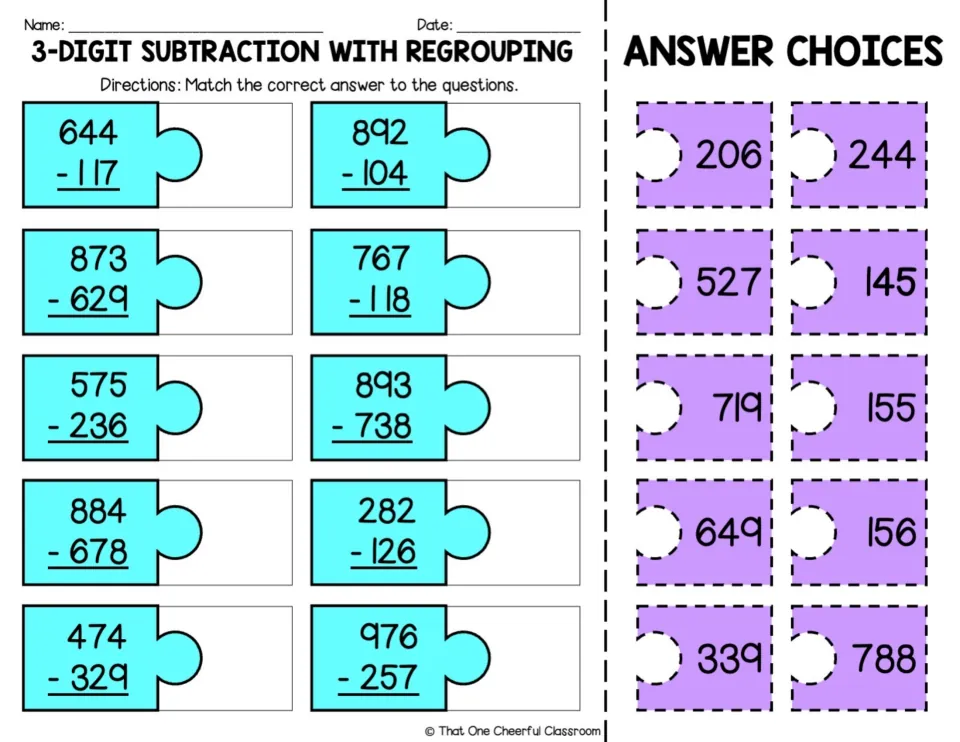 Colour cut-and-paste version: students cut out 10 dashed purple answer pieces and match each to a 3-digit regrouping problem