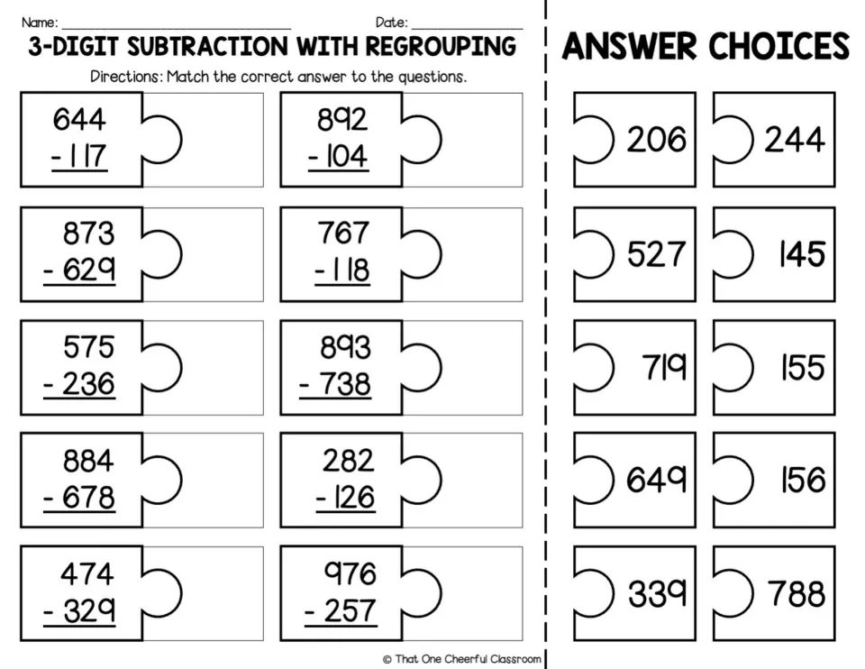 Black-and-white version: students solve 10 subtraction-with-regrouping problems like 873 - 629 and match answer pieces