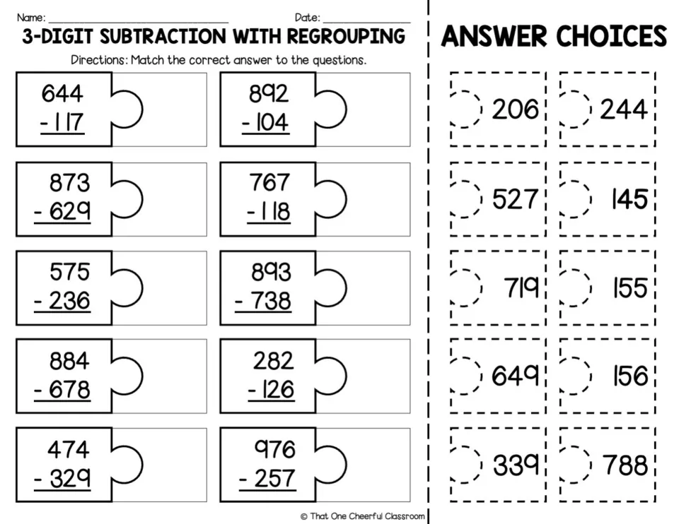 Black-and-white cut-out version: students cut dashed answer pieces such as 527 and 788 to match 3-digit regrouping problems