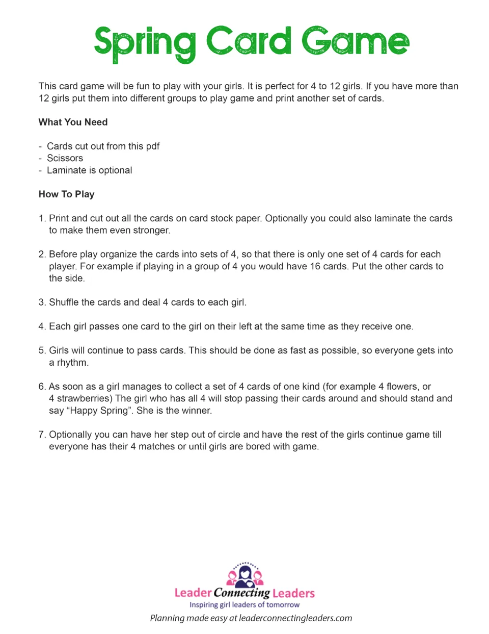Spring Card Game rules: for 4 to 12 players who pass cards left until someone holds 4 matching and says Happy Spring