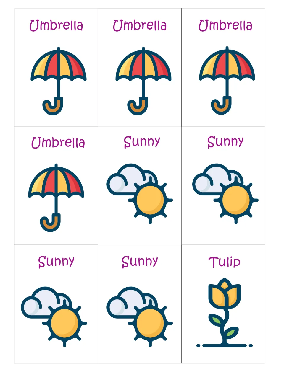 Spring matching cards to cut out: four Umbrella cards, four Sunny cards and one Tulip card, each labeled with a picture