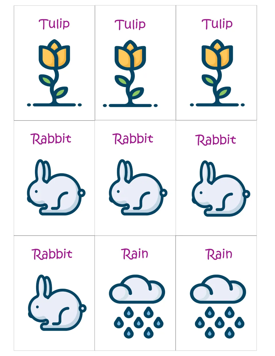 Spring card set continued: three Tulip cards, four Rabbit cards and two Rain cards, each a labeled picture to cut out