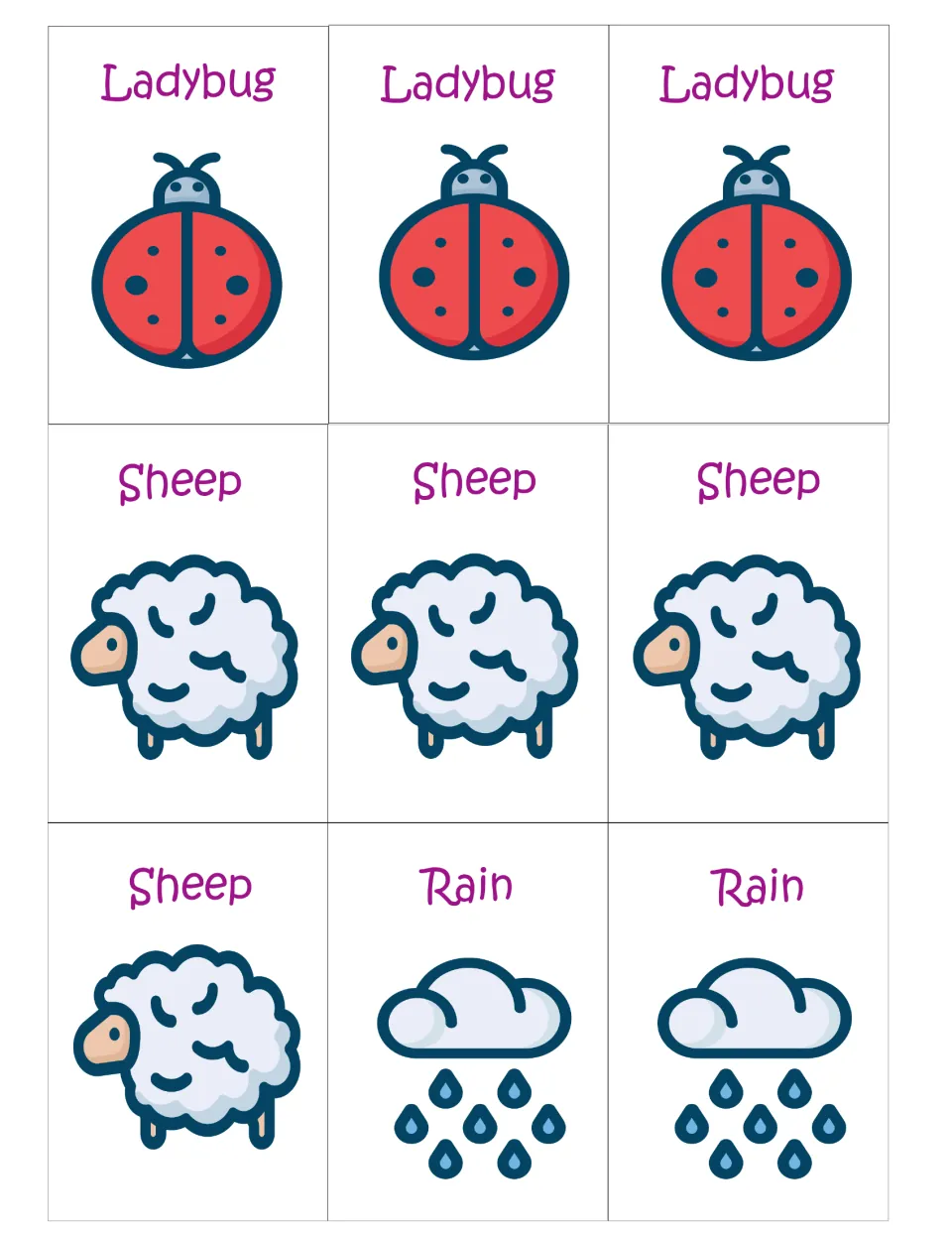 Spring cards to cut out: three Ladybug cards, four Sheep cards and two more Rain cards, each with a labeled picture