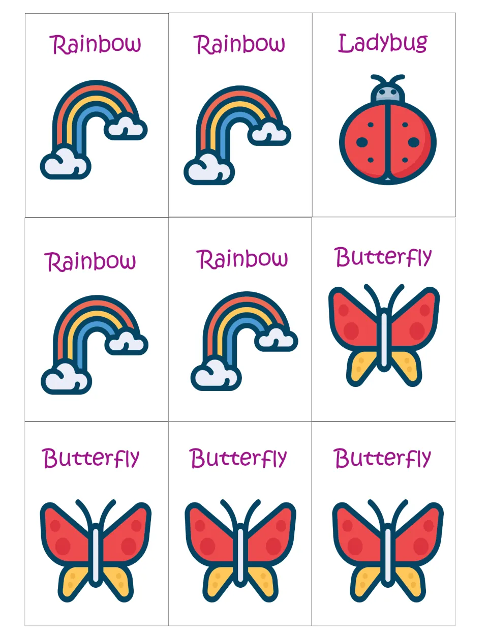 Spring cards to cut out: four Rainbow cards, one Ladybug card finishing that set, and four Butterfly cards