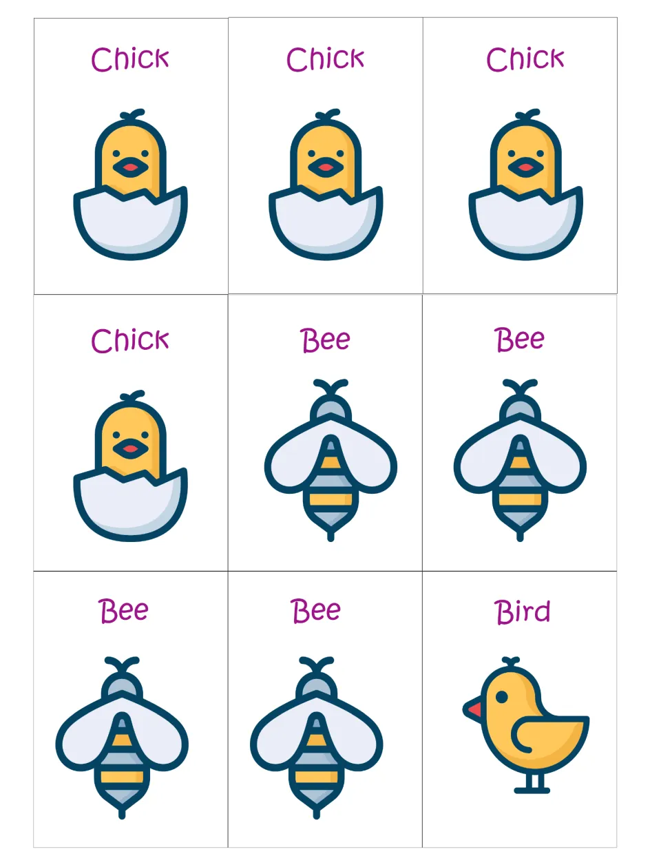 Spring cards to cut out: four Chick cards showing a hatching chick, four Bee cards and one Bird card