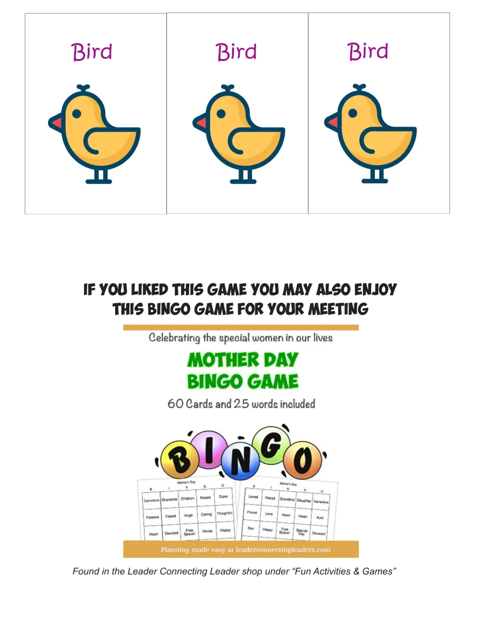 Last three Bird cards for the spring card game, followed by an ad for a separate Mother Day Bingo Game in the same shop