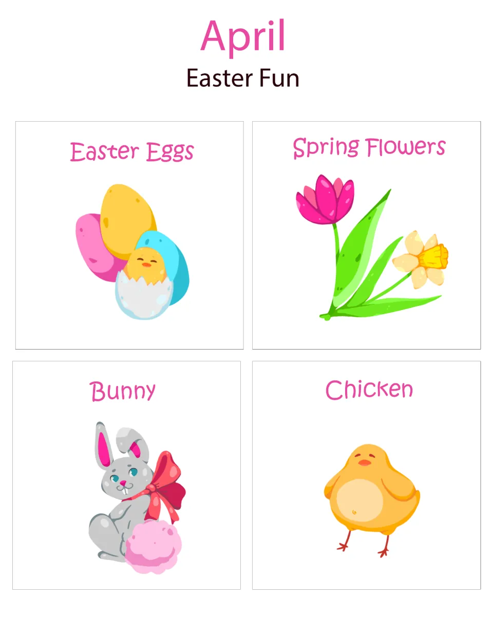 April Easter Fun corner signs: four labeled pictures of Easter Eggs, Spring Flowers, a Bunny and a Chicken to print twice