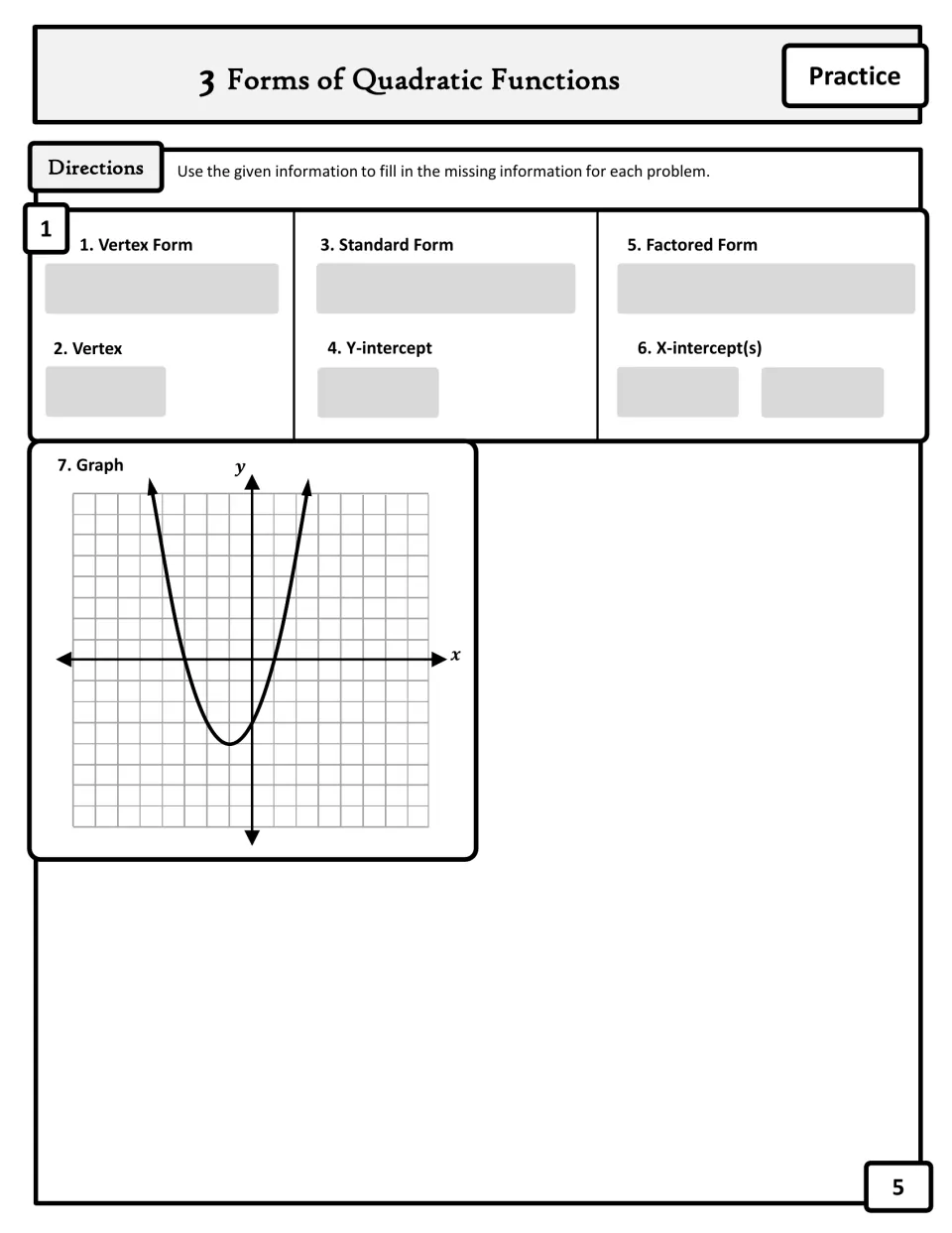 Problem 1: students read a graphed parabola and fill in its vertex, standard and factored forms, vertex and intercepts