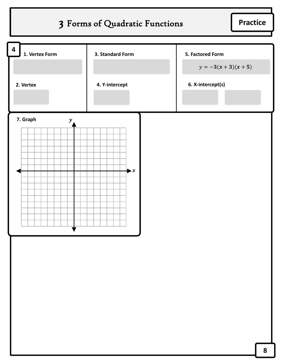 Problem 4: from factored form y=-3(x+3)(x+5), students write the other forms, find vertex and intercepts, and graph