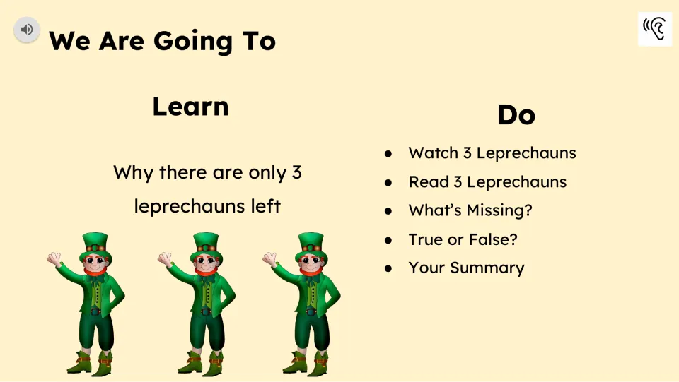 Lesson objectives introduce why only three leprechauns remain and list watching, reading, and summary tasks.