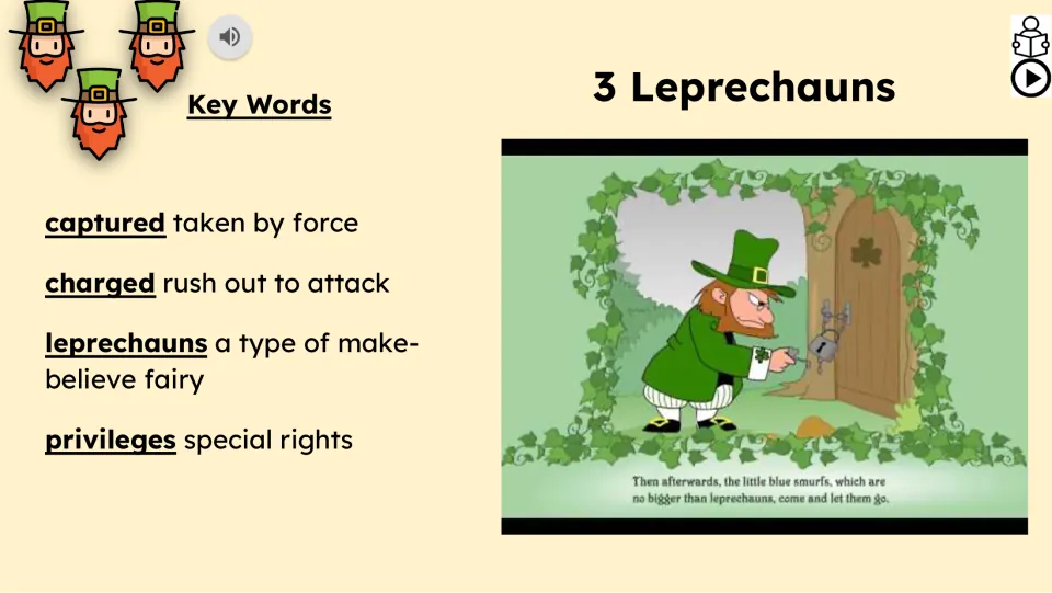 Vocabulary and video lesson defines captured, charged, leprechauns, and privileges beside a story video.