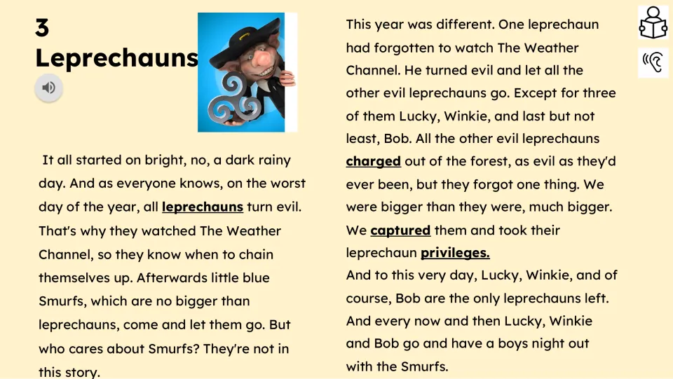 Story passage explains how evil leprechauns were captured, leaving only Lucky, Winkie, and Bob remaining.